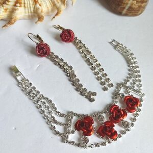 Red Rose and Rhinestone Bracelet & Dangle Earrings